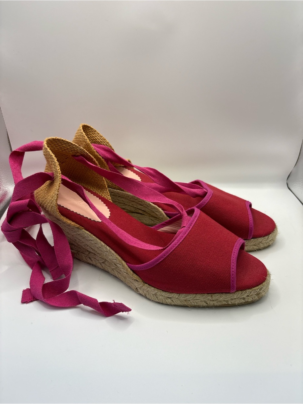 Boden Red Espadrille Wedge Sandals with Pink Ribbon Ties